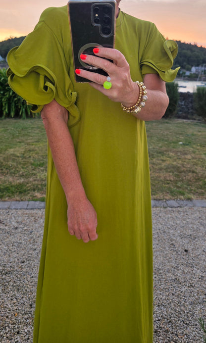 Olive Green Multi Layer Ruffle Sleeve Column Midi Dress