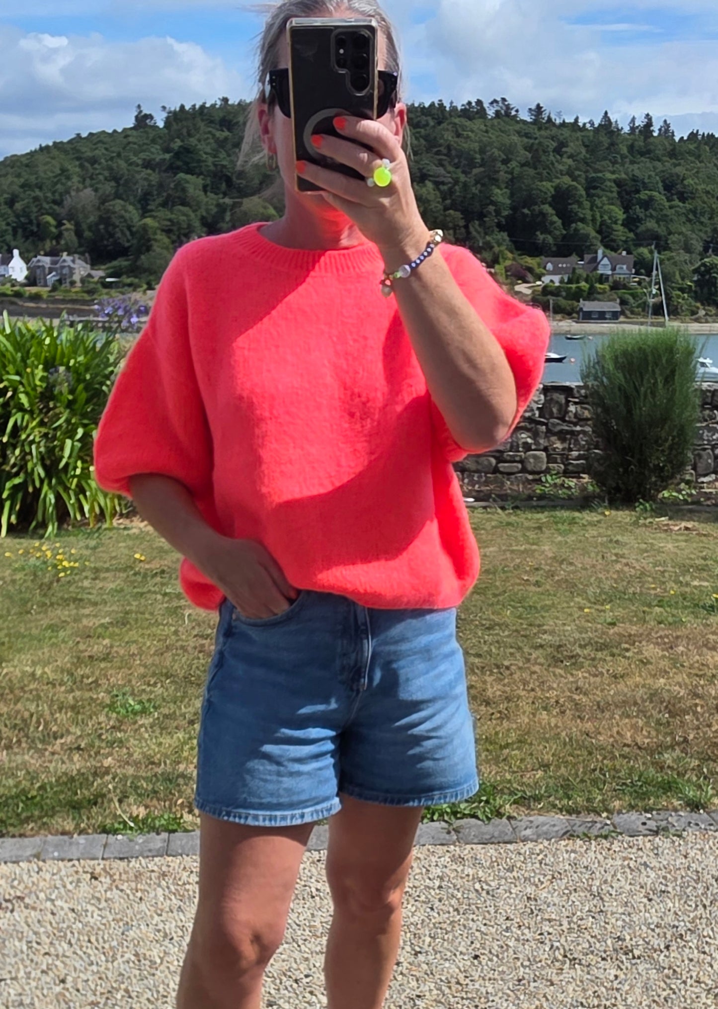 Neon Coral Kid Mohair Blend Short Sleeve Knit