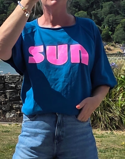 Retro Vibes SUN| Light Sweat/Tee in Teal and Glitter Pink