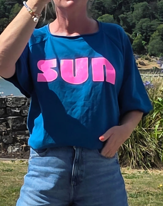 Retro Vibes SUN| Light Sweat/Tee in Teal and Glitter Pink