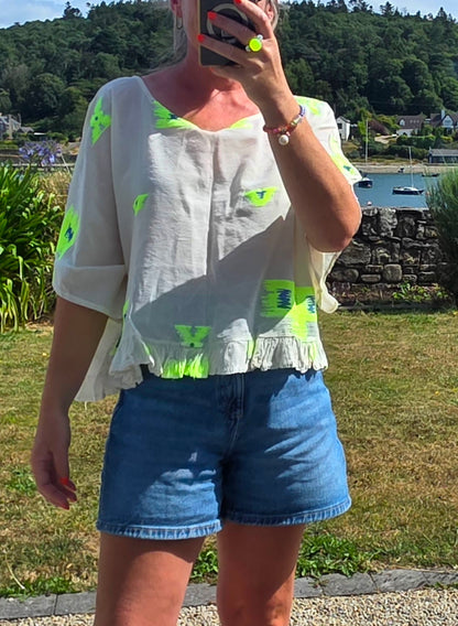 Neon Ikat- Inspired Pure Cotton Ruffle Blouse