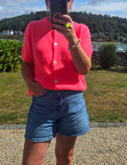 Neon Coral Alpaca Blend Short Sleeve Cardigan