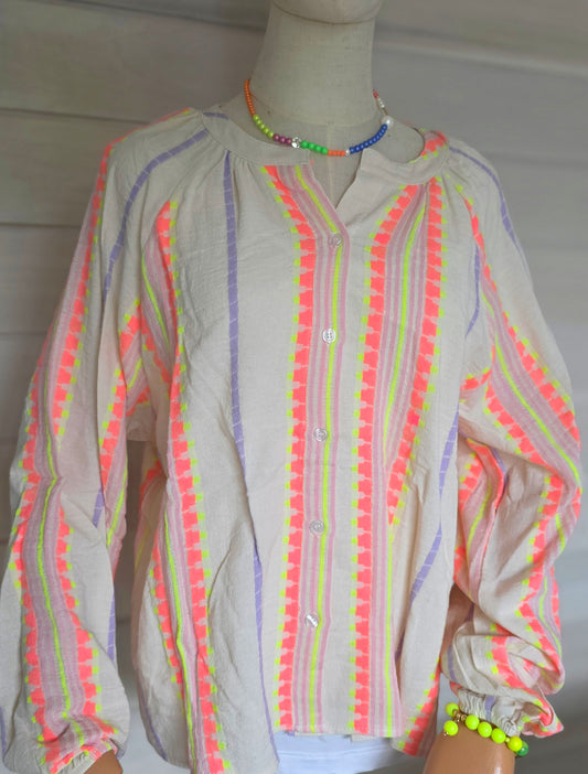 100% Cotton Stripe Blouse- Pink, Purple & Neon Yellow Stripe