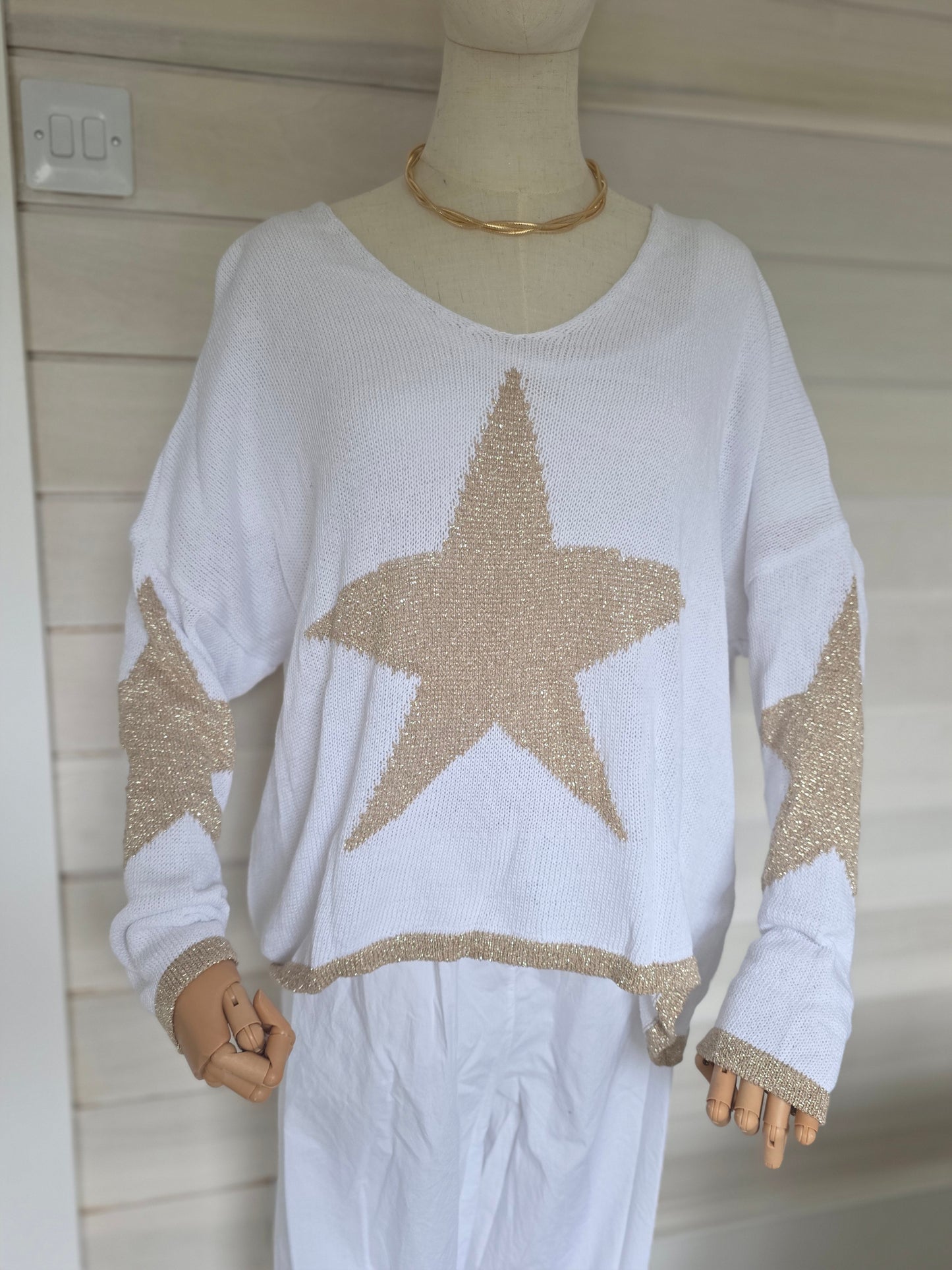 Italian Metallic Star V Neck Jumper in White and Gold