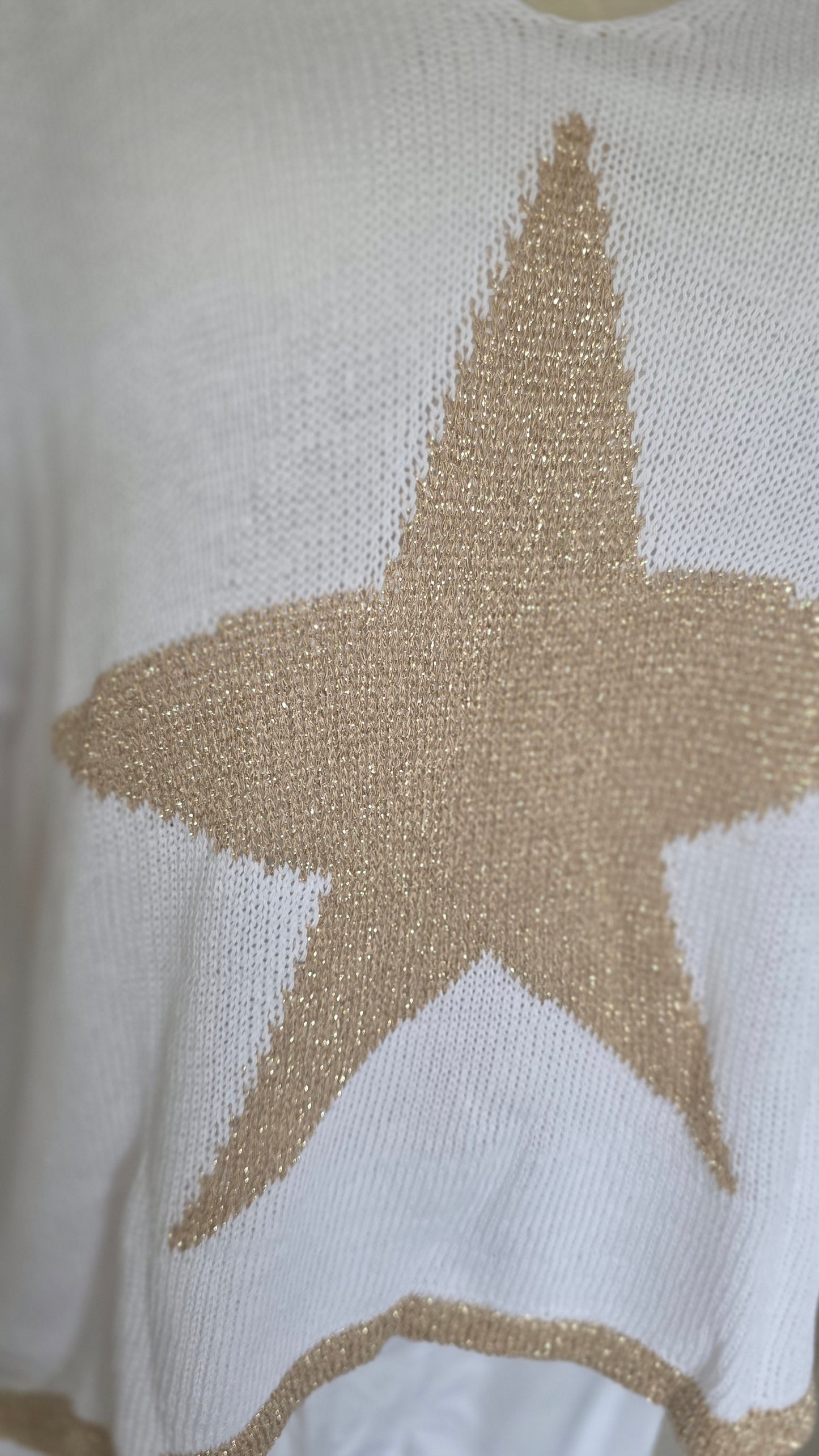 Italian Metallic Star V Neck Jumper in White and Gold