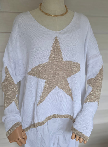 Italian Metallic Star V Neck Jumper in White and Gold