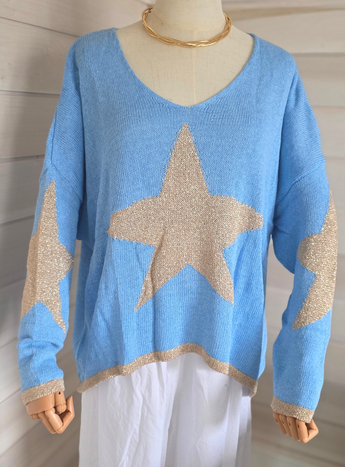 Italian Oversized Star Motif Lurex Knit in Blue and Gold