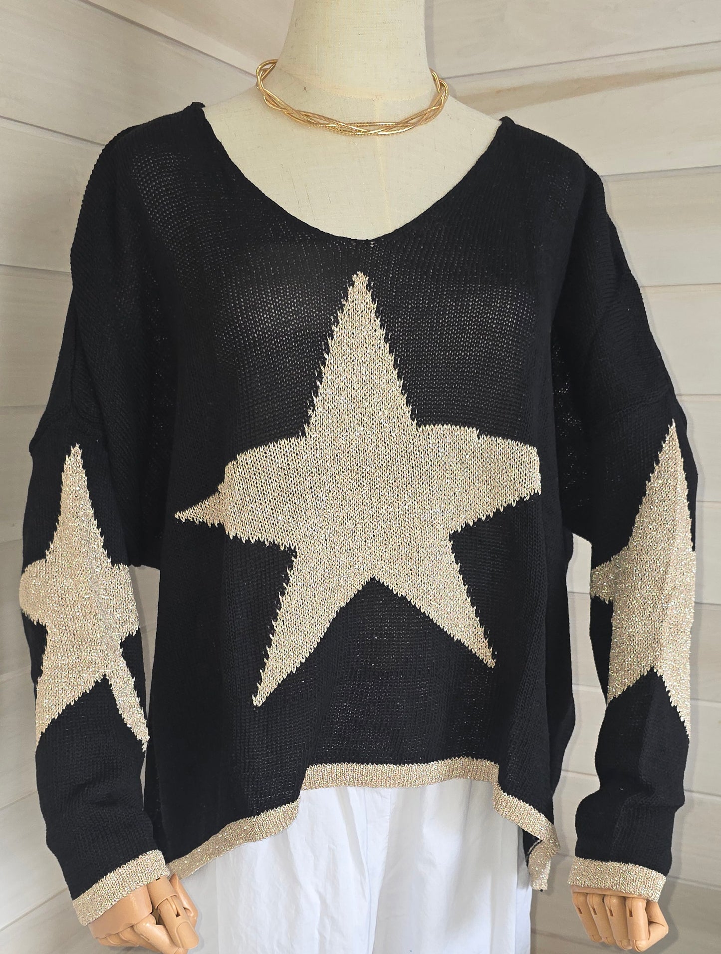Italian Oversized Star Motif Lurex Knit Jumper with Dipped Hem.