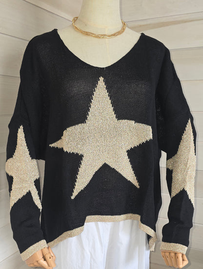 Italian Oversized Star Motif Lurex Knit Jumper with Dipped Hem.