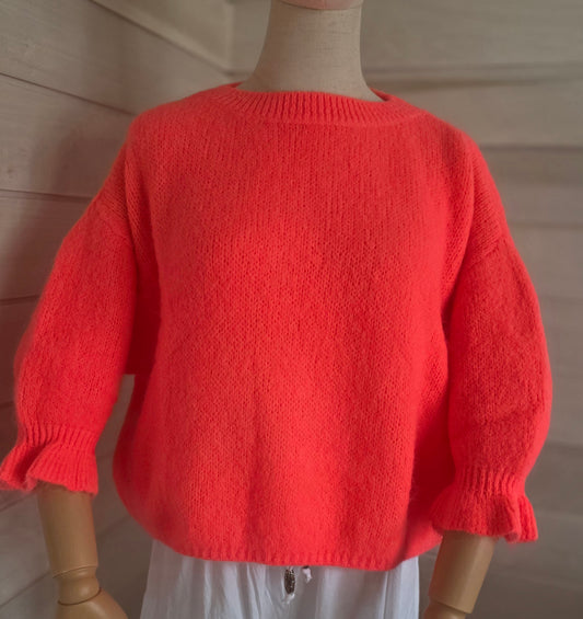 Neon Coral. Kid Mohair & Wool Blend Sweater with Flared Cuffs.