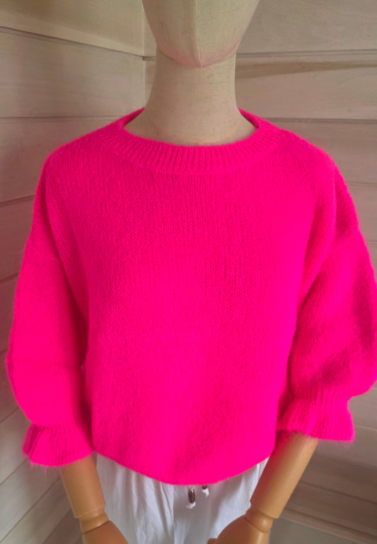 Neon Pink Kid Mohair & Wool Blend Sweater with Flared Cuffs
