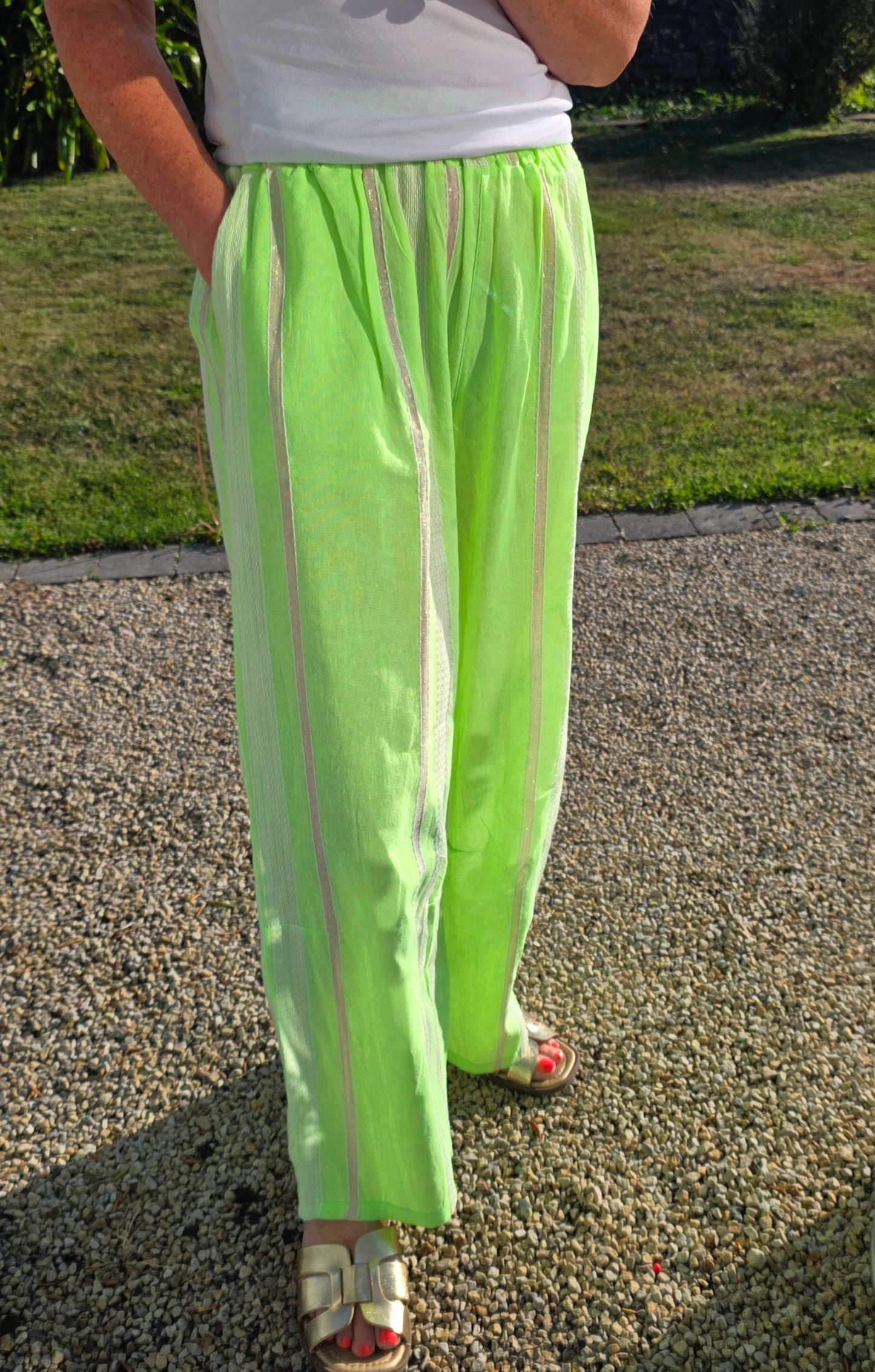 Neon Green Striped Wide-Leg Cotton Blend Pants with pockets