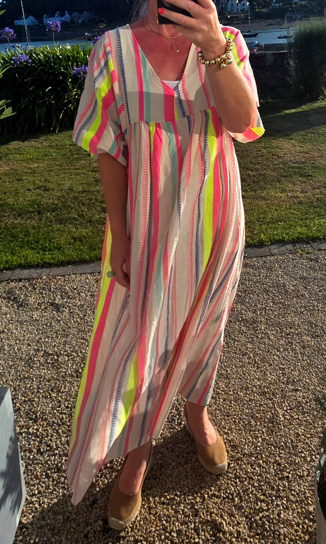 Neon Stripe Empire Waist Cotton Maxi Dress