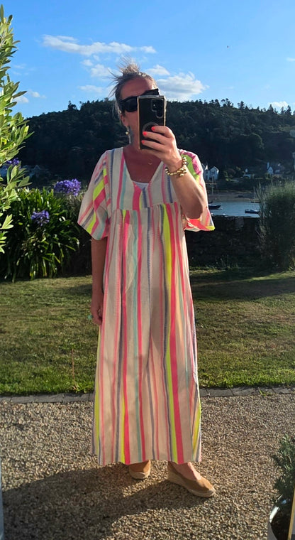 Neon Stripe Empire Waist Cotton Maxi Dress