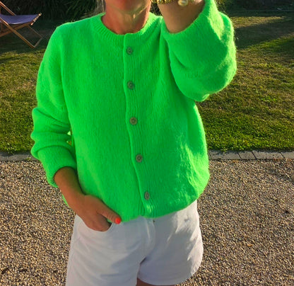 Neon Green Kid Mohair Mix Round Neck Cardigan