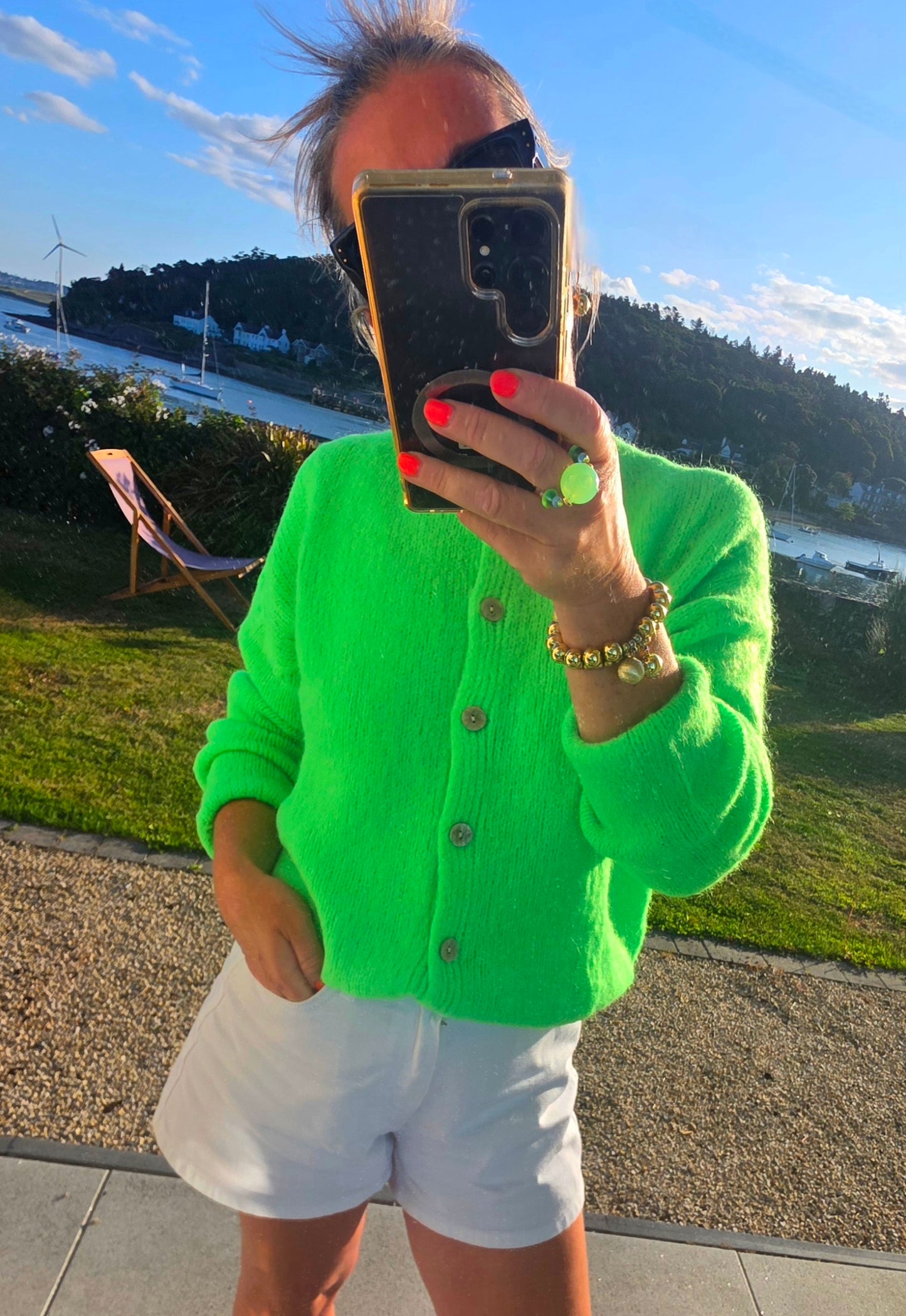 Neon Green Kid Mohair Mix Round Neck Cardigan