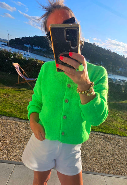 Neon Green Kid Mohair Mix Round Neck Cardigan