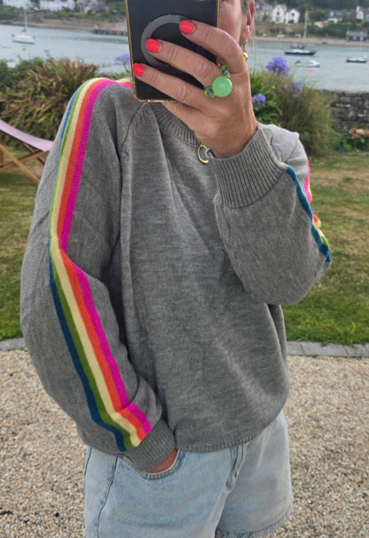 Grey Rainbow Side-Stripe Fine Knit Jumper