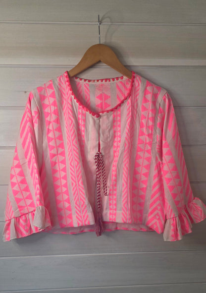 Neon Pink Geometric Woven Pure Cotton Cropped Jacket with Ruffled Cuffs
