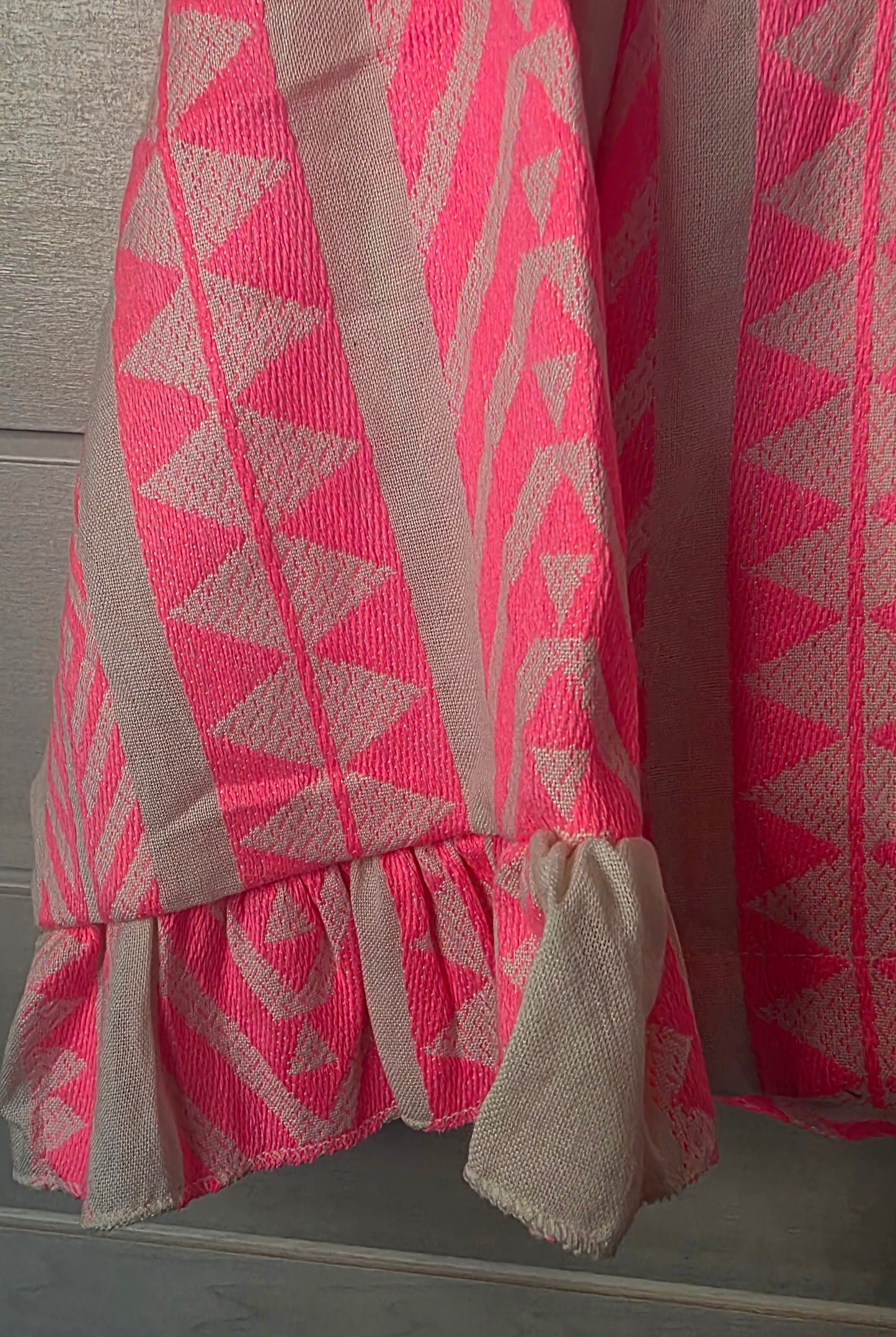 Neon Pink Geometric Woven Pure Cotton Cropped Jacket with Ruffled Cuffs