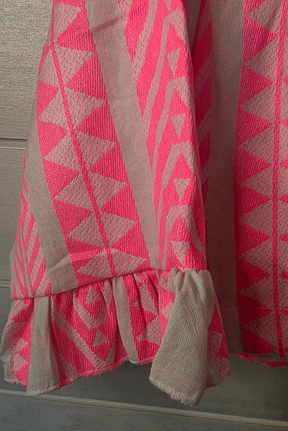 Neon Pink Geometric Woven Pure Cotton Cropped Jacket with Ruffled Cuffs