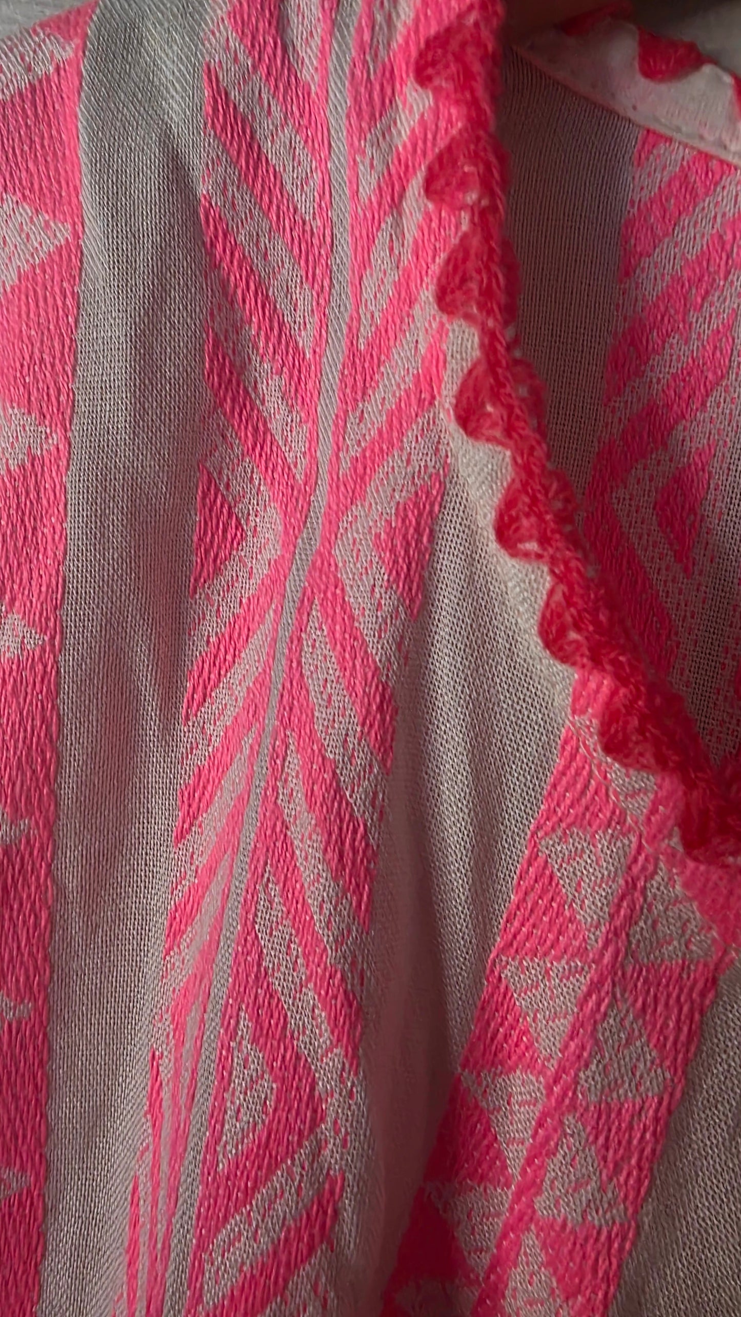 Neon Pink Geometric Woven Pure Cotton Cropped Jacket with Ruffled Cuffs
