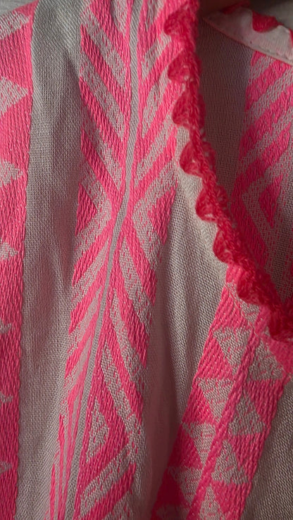 Neon Pink Geometric Woven Pure Cotton Cropped Jacket with Ruffled Cuffs