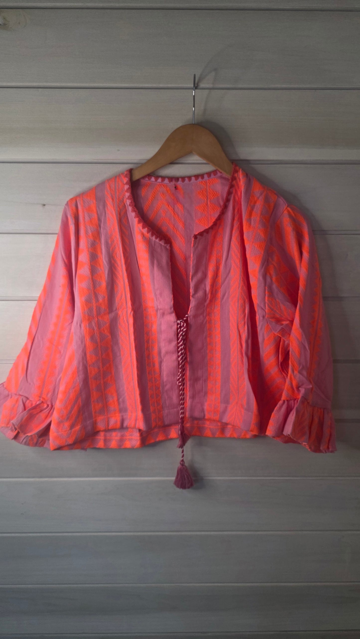 Neon Orange & Dusky Pink Geometric Woven Pure Cotton Cropped Jacket Top with Ruffle Sleeves
