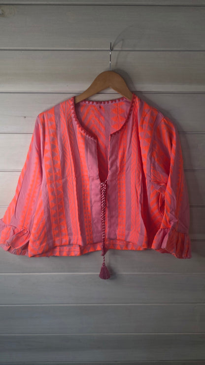 Neon Orange & Dusky Pink Geometric Woven Pure Cotton Cropped Jacket Top with Ruffle Sleeves