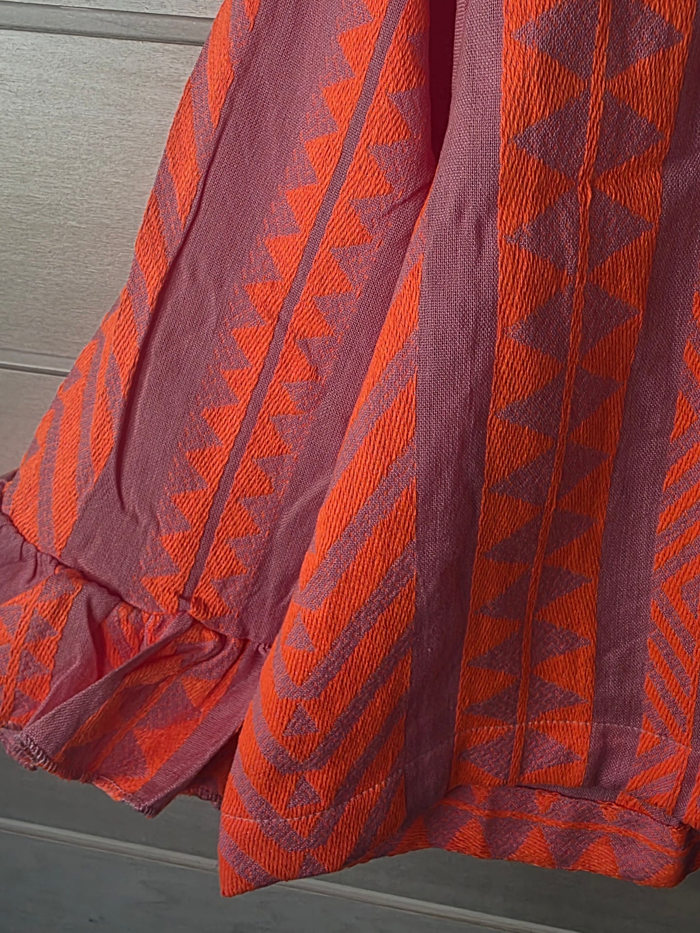 Neon Orange & Dusky Pink Geometric Woven Pure Cotton Cropped Jacket Top with Ruffle Sleeves