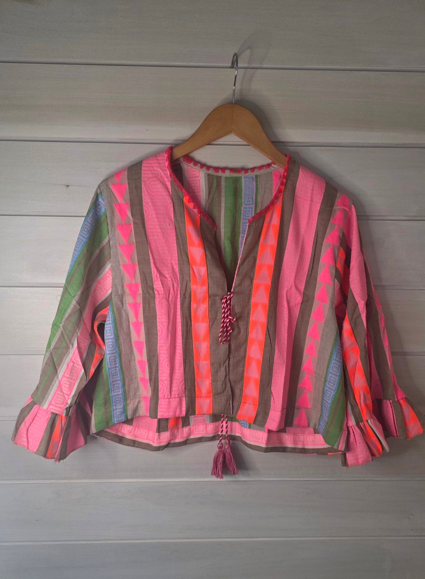 Multicolour Neon Geometric Woven Pure Cotton Jacket Top with Ruffled Cuffs