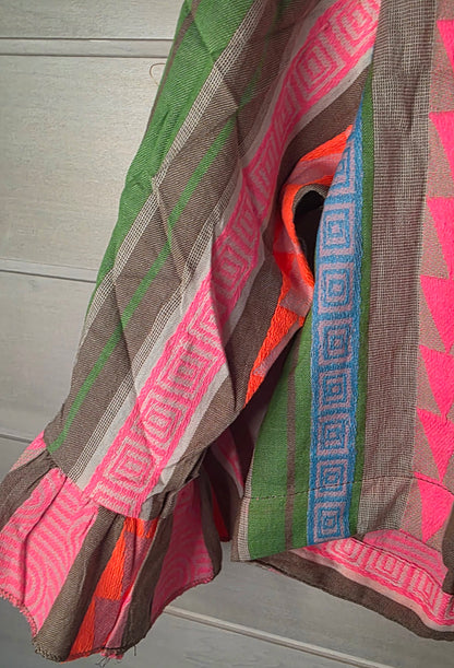 Multicolour Neon Geometric Woven Pure Cotton Jacket Top with Ruffled Cuffs
