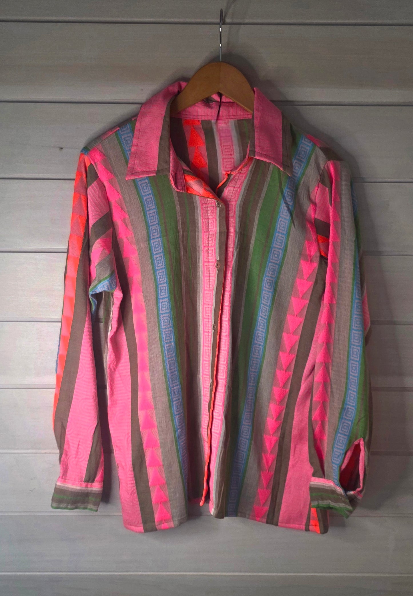 Neon Geo Stripe Cotton Button-Down Shirt