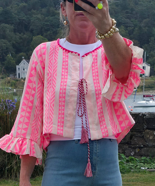 Neon Pink Geometric Woven Pure Cotton Cropped Jacket with Ruffled Cuffs