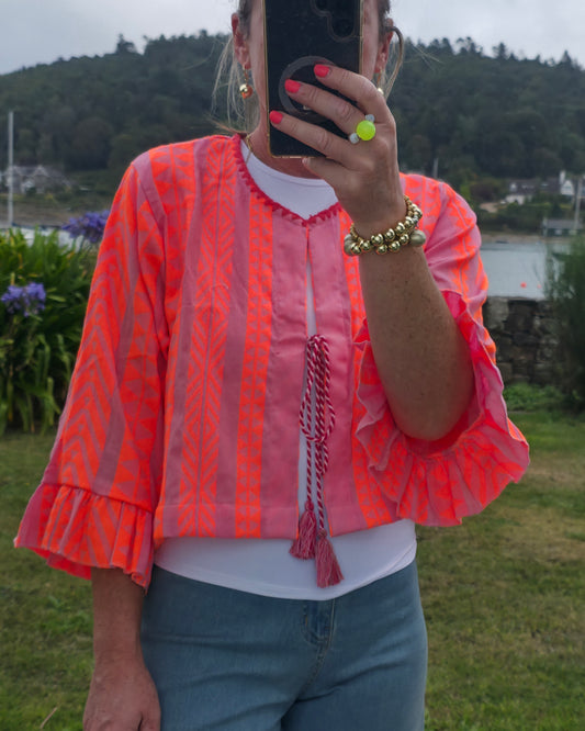 Neon Orange & Dusky Pink Geometric Woven Pure Cotton Cropped Jacket Top with Ruffle Sleeves