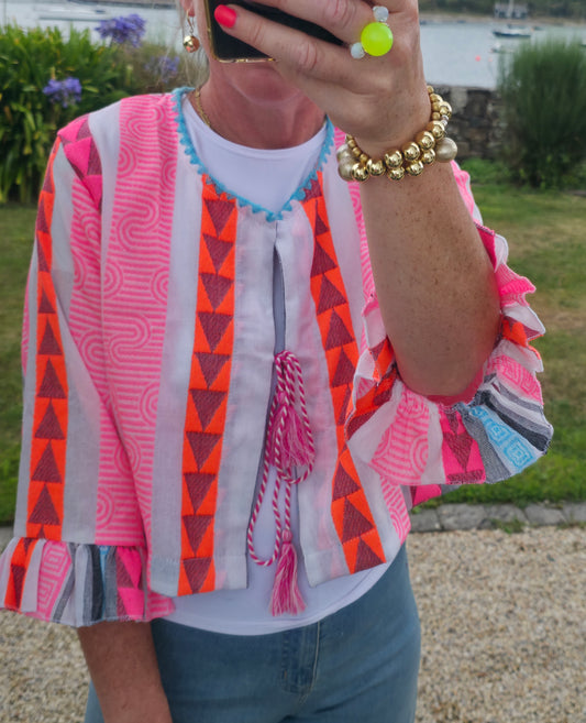 Multicolour Neon Geometric Woven Jacket Top with Ruffle Sleeves