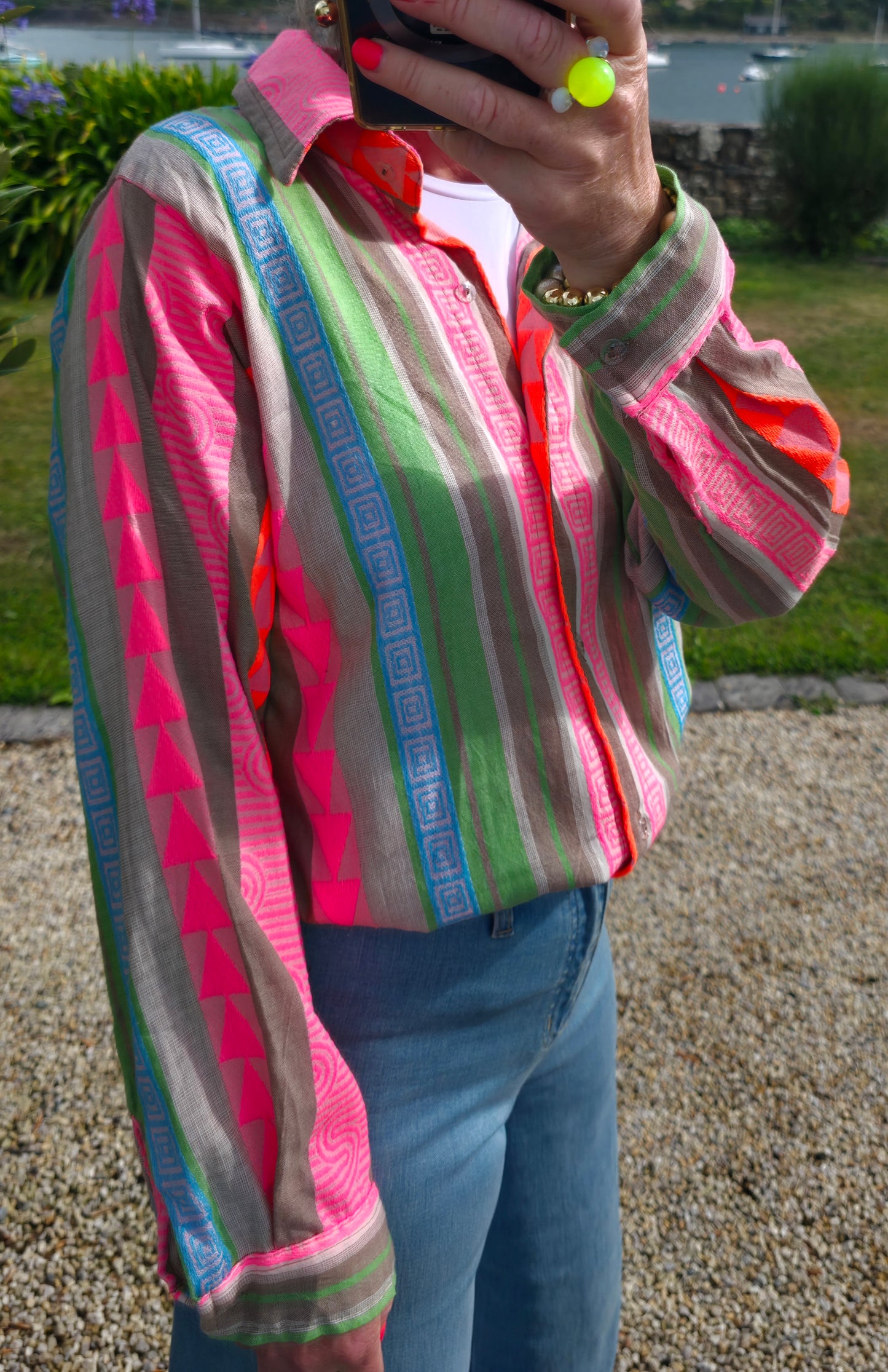 Neon Geo Stripe Cotton Button-Down Shirt