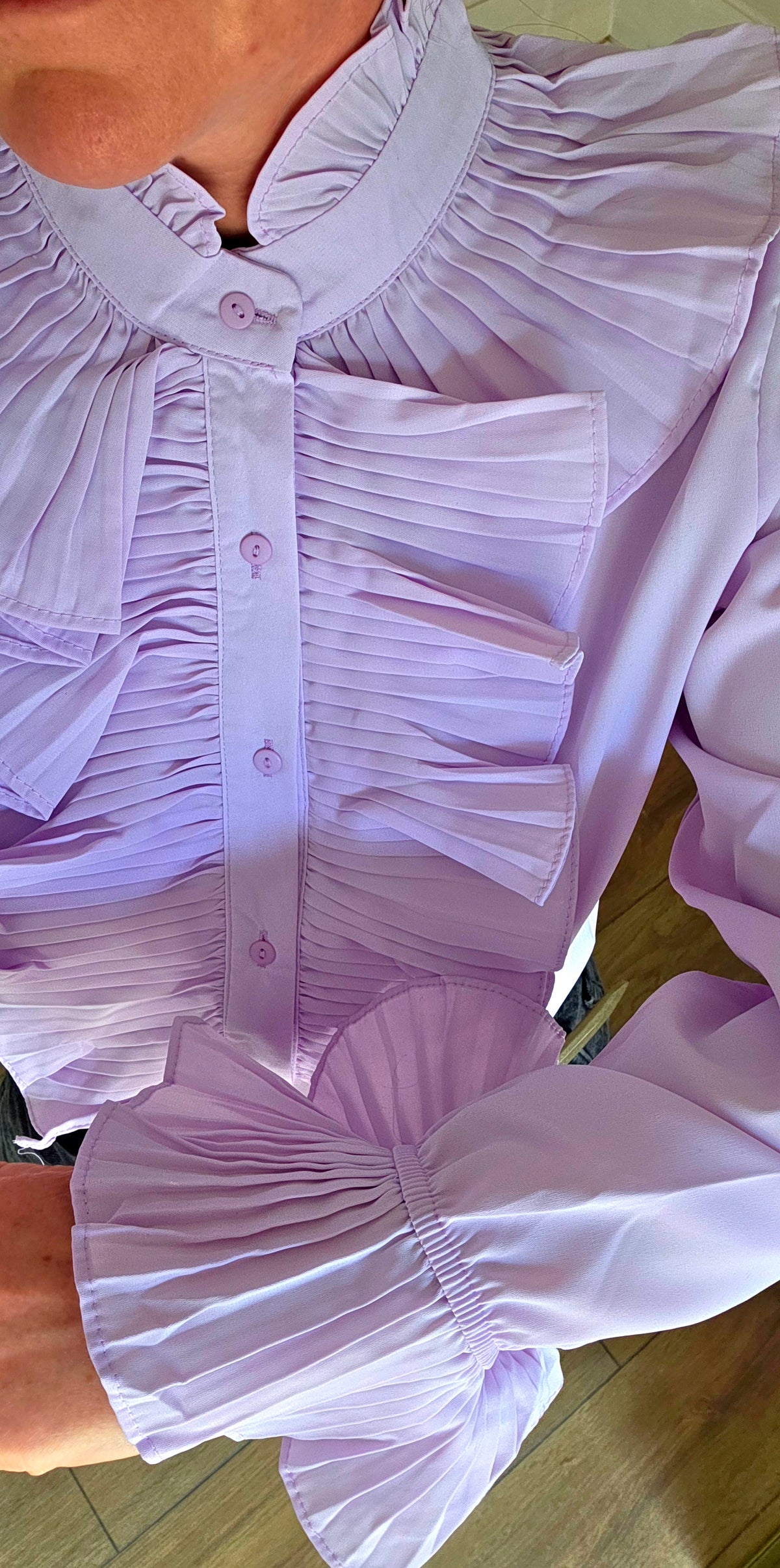 Lilac Pleated Ruffle Statement Blouse