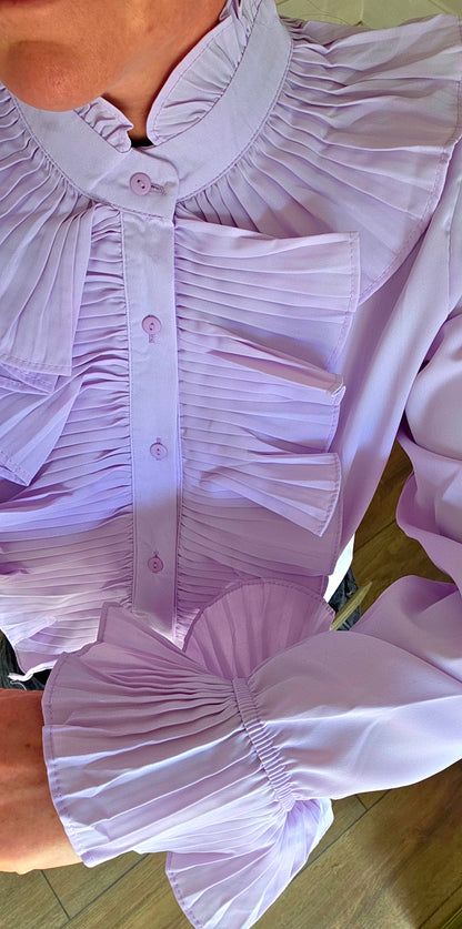 Lilac Pleated Ruffle Statement Blouse