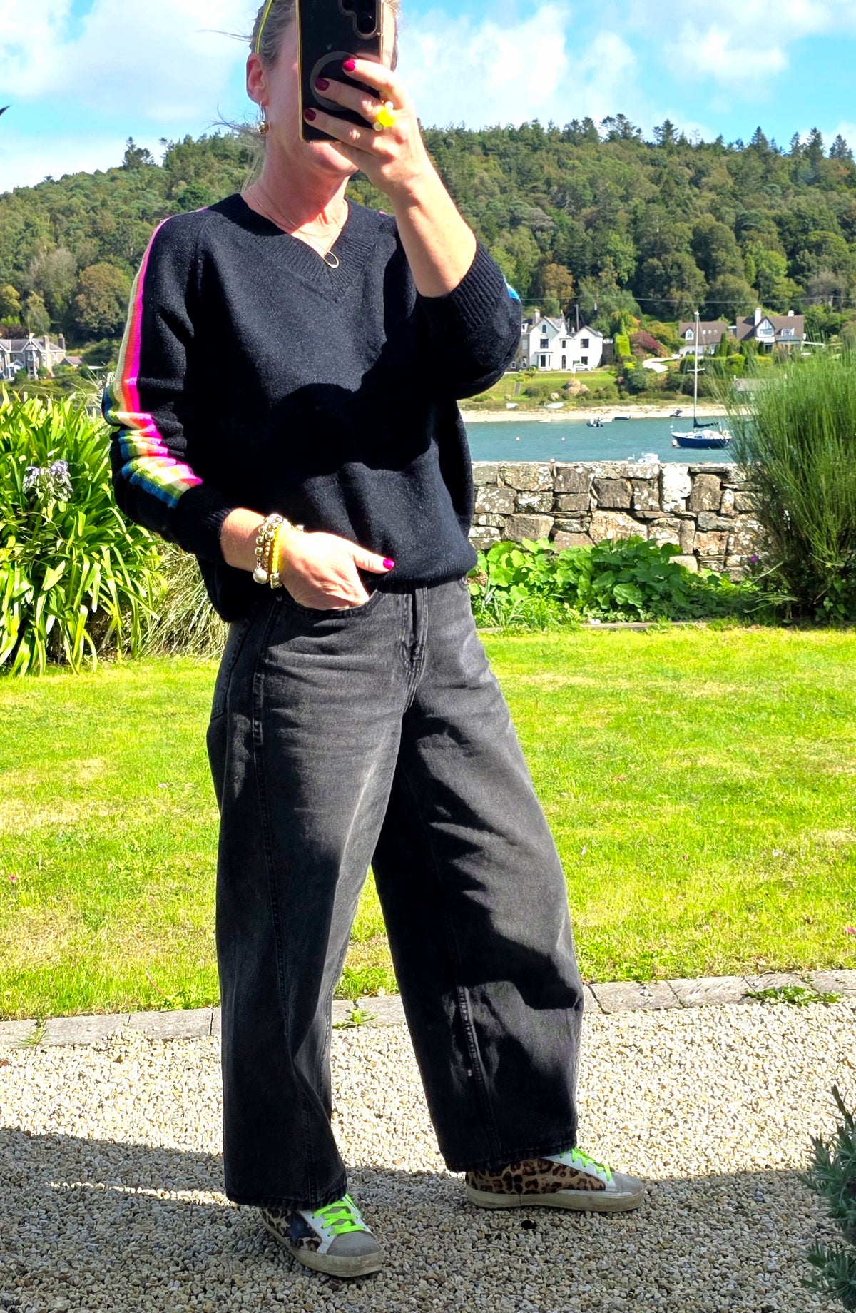 Black Rainbow Side-Stripe V Neck Jumper