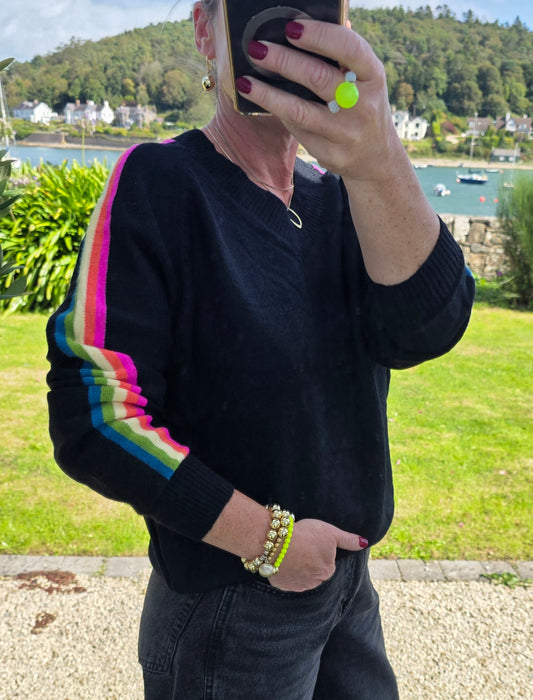 Black Rainbow Side-Stripe V Neck Jumper
