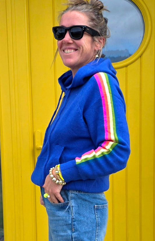 Vibrant Royal Blue Knit Zio Hoodie with Rainbow Stripe sleeve. Wool & Cotton Blend