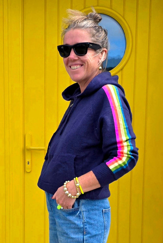 Classic Navy Zip Knit Hoodie with Rainbow Stripe. Wool & Cotton Blend