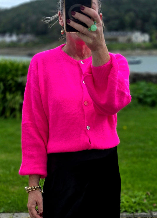 Neon Pink Cardigan in Superfine Alpaca & Wool Blend