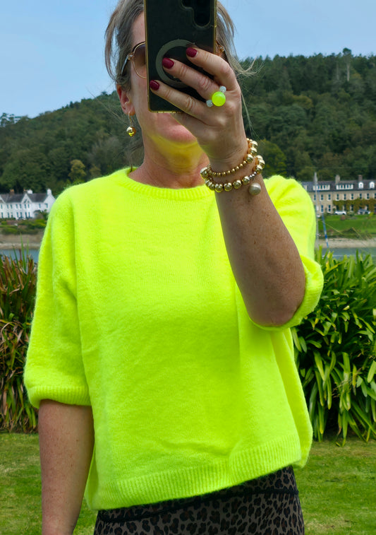 Neon Yellow Superfine Alpaca Blend Short Sleeve Sweater