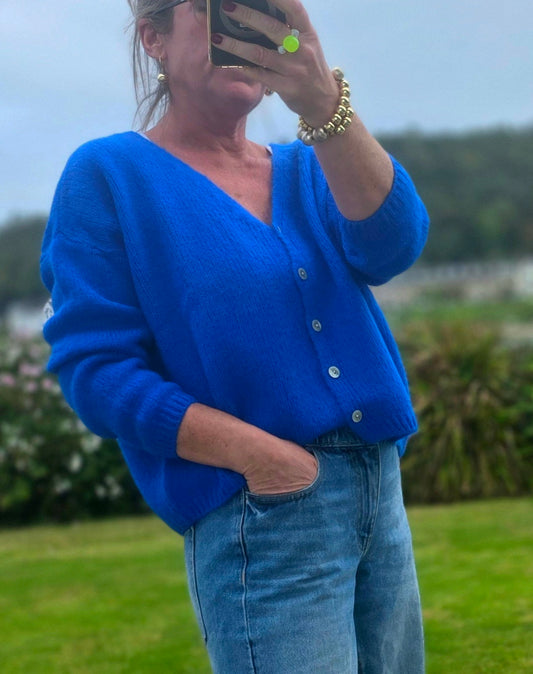 Cobalt Blue V Neck Mohair Mix Cardigan