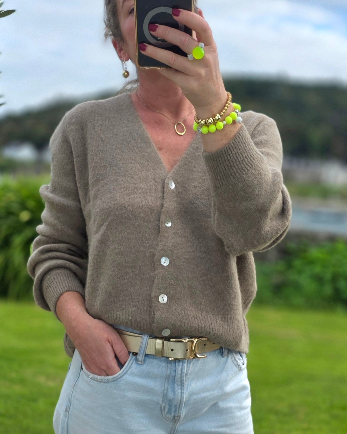 Soft Touch V Neck Button Up Cardigan in Taupe