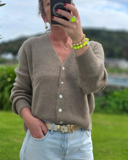 Soft Touch V Neck Button Up Cardigan in Taupe