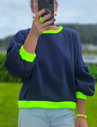 Boxy Fit Balloon Sleeve Sweatshirt in Navy with Neon Yellow Trim