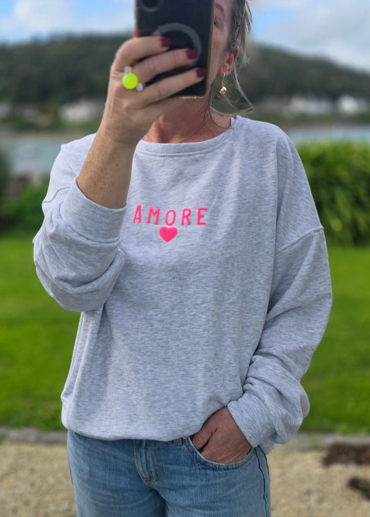 Amore Sweatshirt in Grey with Neon Pink
